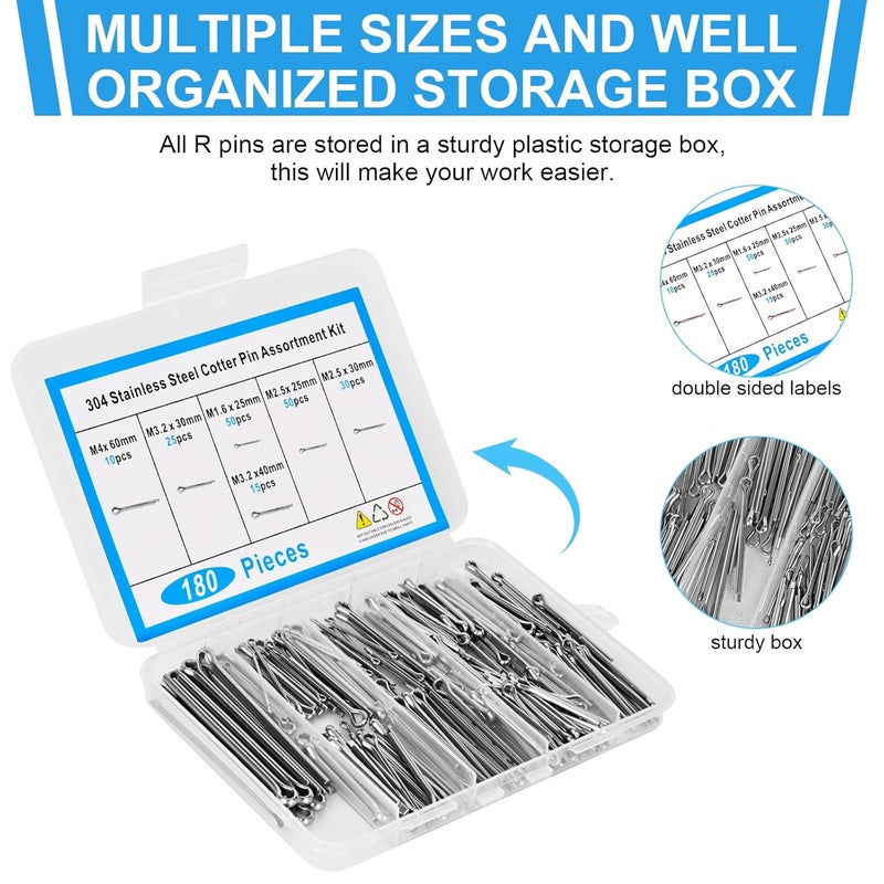 CARLWIN 180pcs Premium 304 Stainless Steel Cotter Pin Assortment Kit, 6 Sizes Heavy Duty Cotter Pins, Hardware Pins for Automotive, Machinery, Lawn Mowers, and DIY Projects - Image 5